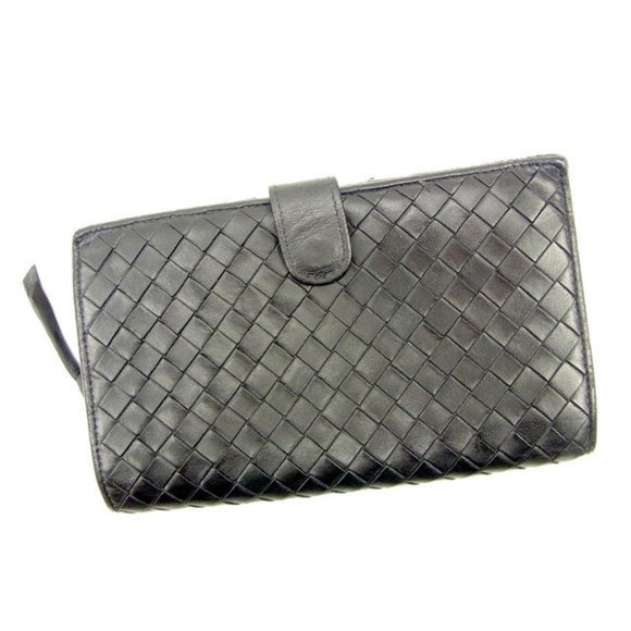 Bottega Veneta Handbags - Bottega Veneta Wallet Intrecciato Black Gold Woman unisex Authentic Used